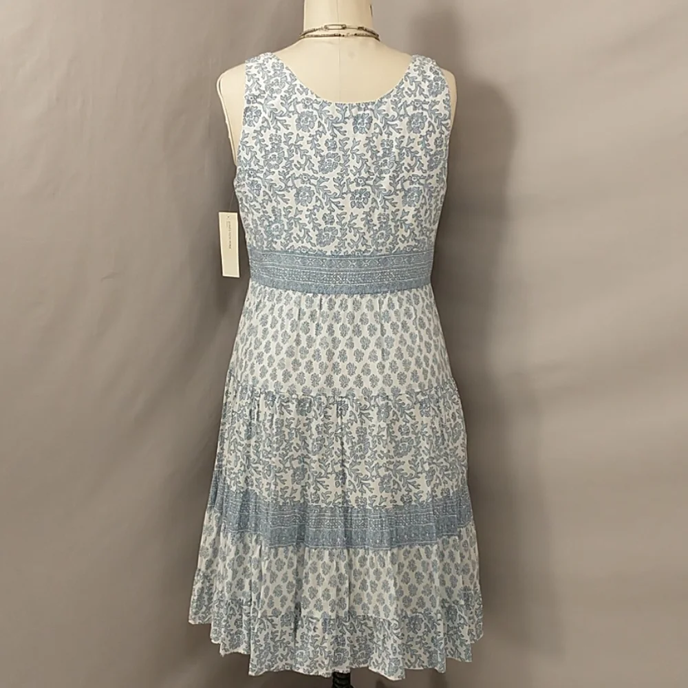 Cotton Block Print Summer Dress Wedgewood Blue & White Lined Midi Tiered Skirt - Picture 4 of 9